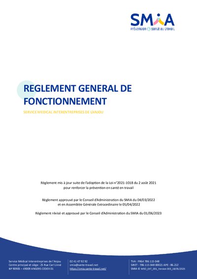 Règlement général de fonctionnement SMIA