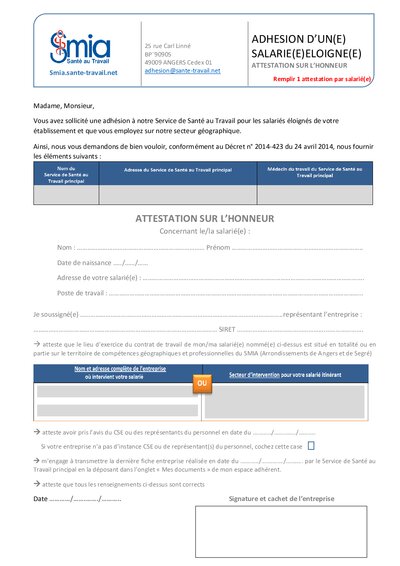 Salariés éloignés - Attestation sur l'honneur