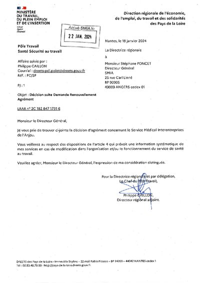 Décision agrément SMIA 2024-2029