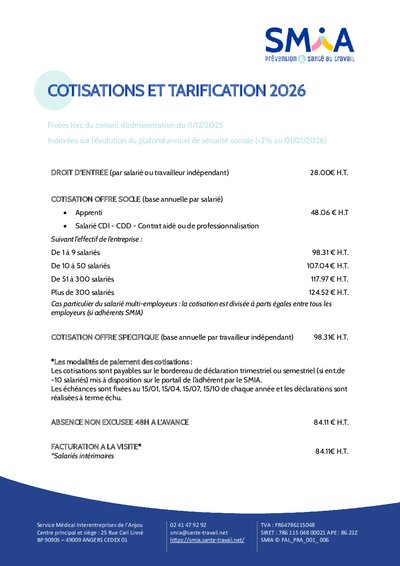 Grille tarifaire SMIA 2026