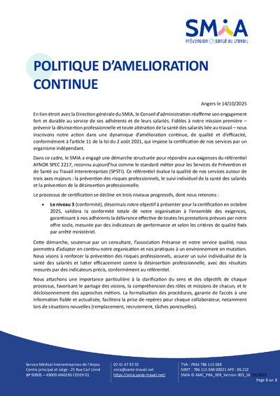 Lettre d'engagement amélioration continue - SMIA